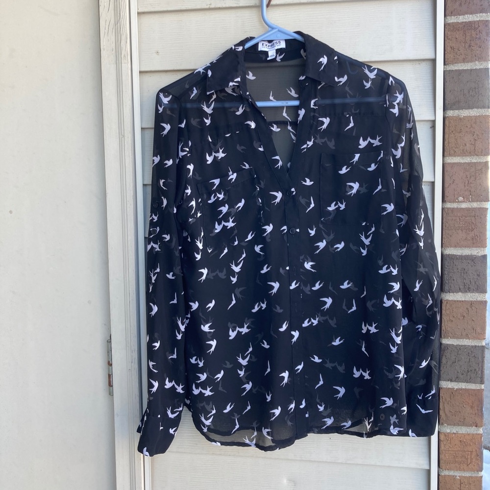 Black Express Portofino Sheer Button Up Blouse with White Dove Print Sz S
